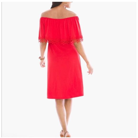Chico’s Runway Red Embroidered Hem Off the Shoulder Knee Length Dress Size 6 - Picture 2 of 11